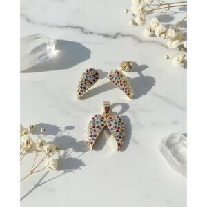 Golden Time Gold-Plated Angel Wing Jewelry Set Featuring Inlaid Colorful Stones